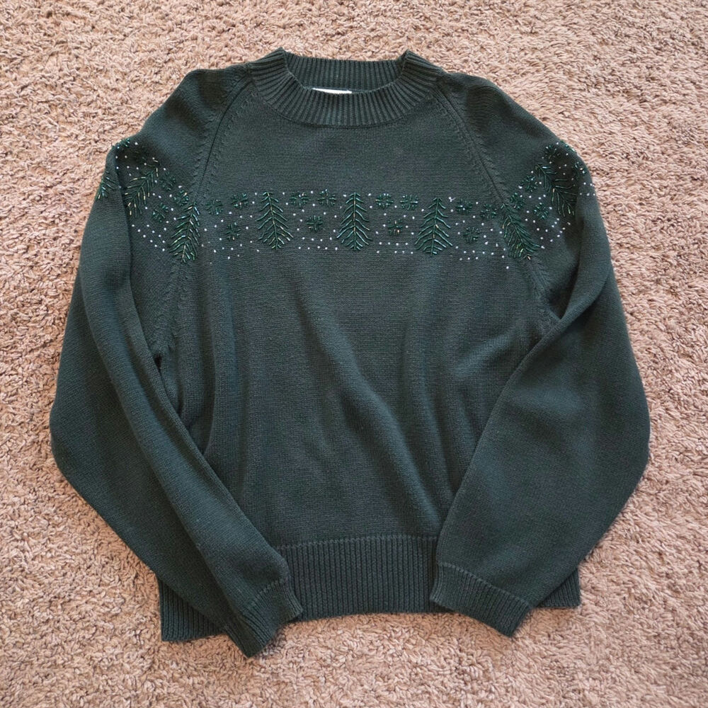 Christopher Banks hand embroidered beaded holiday trees green knit sweater XL